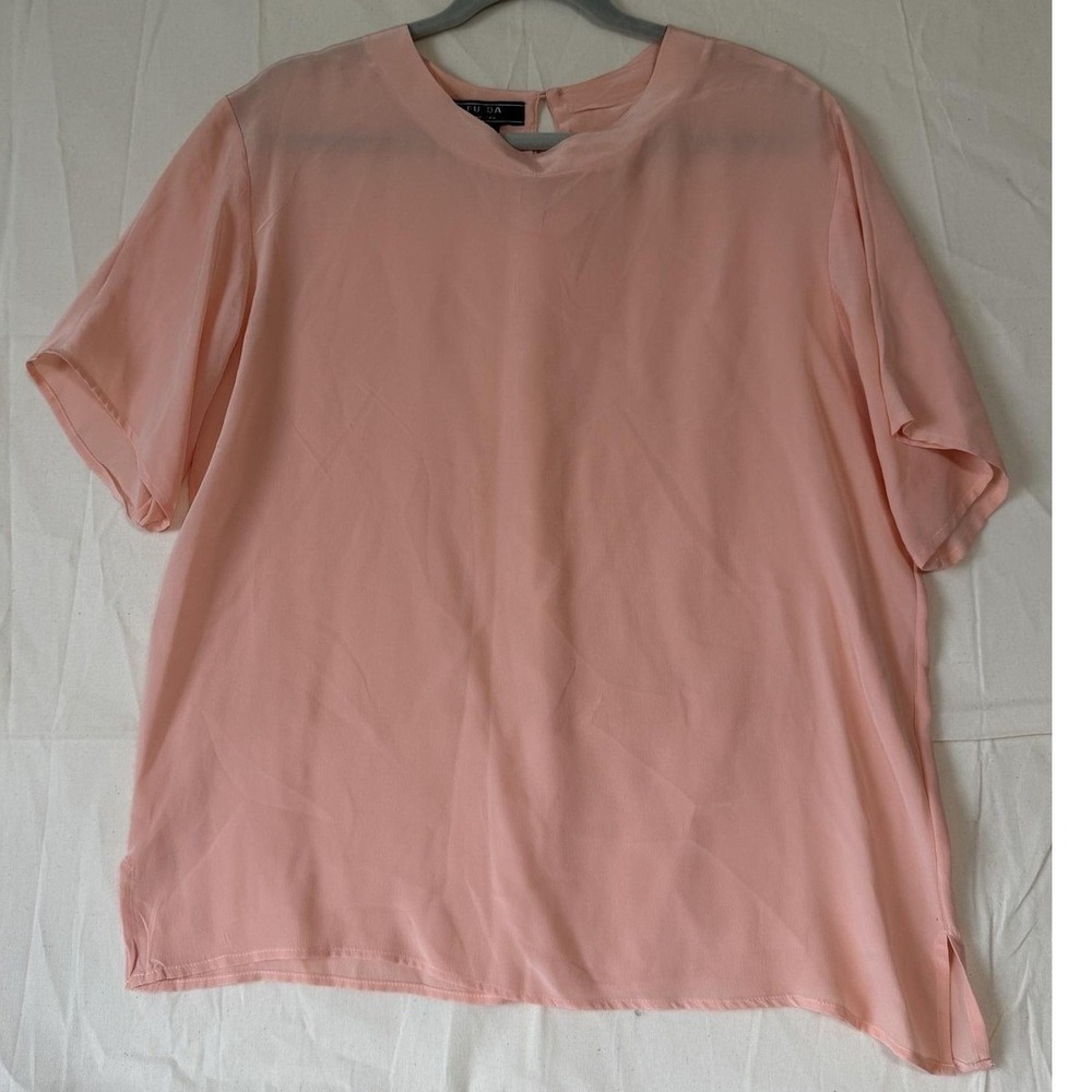 FU DA Women L Pink 100% Silk Short Sleeve Crew Neck Lightweight Blouse